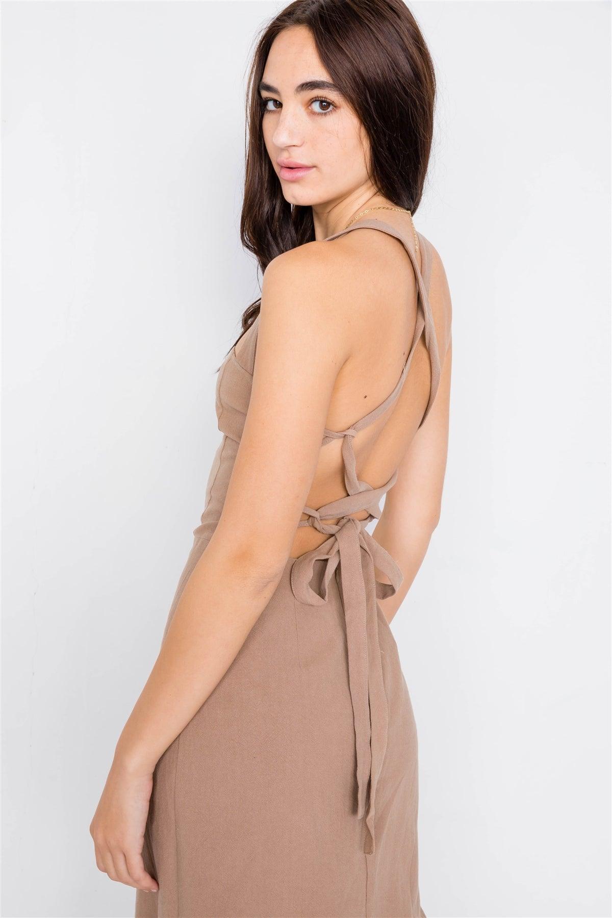 Khaki Linen Lace-Up Open Back Midi Slit Casual Chic Dress /3-2-1