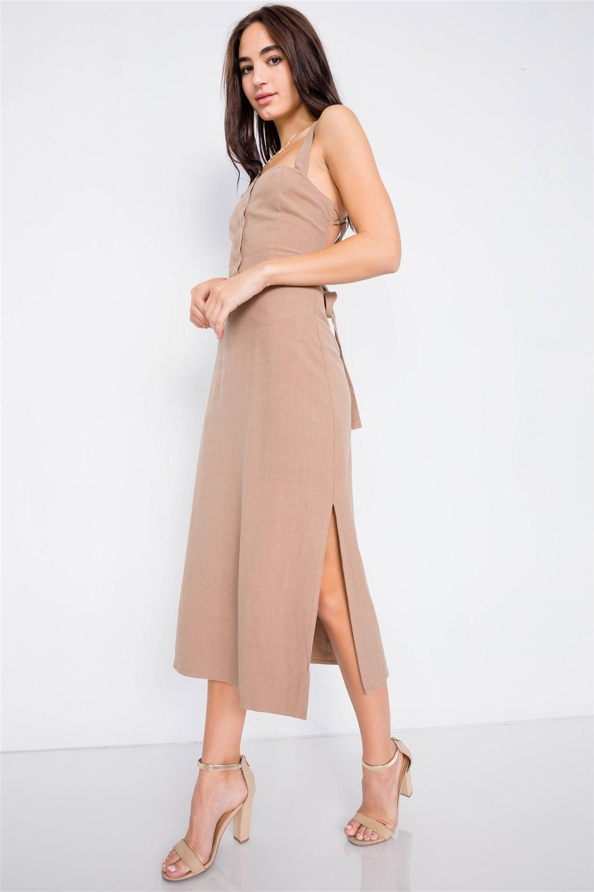 Khaki Linen Lace-Up Open Back Midi Slit Casual Chic Dress /3-2-1