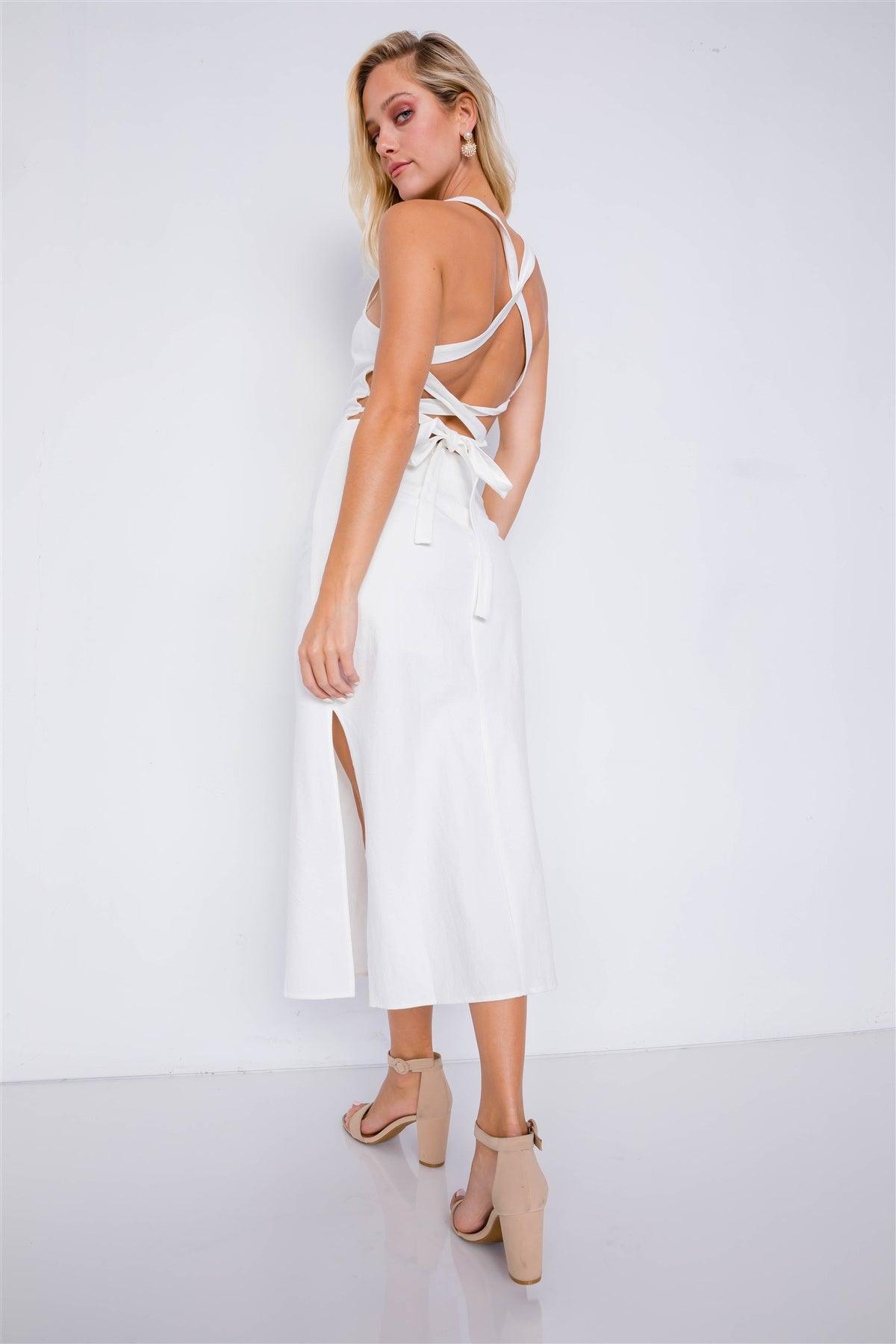 Off-White Linen Lace-Up Open Back Midi Slit Casual Chic Dress  /2-2-1