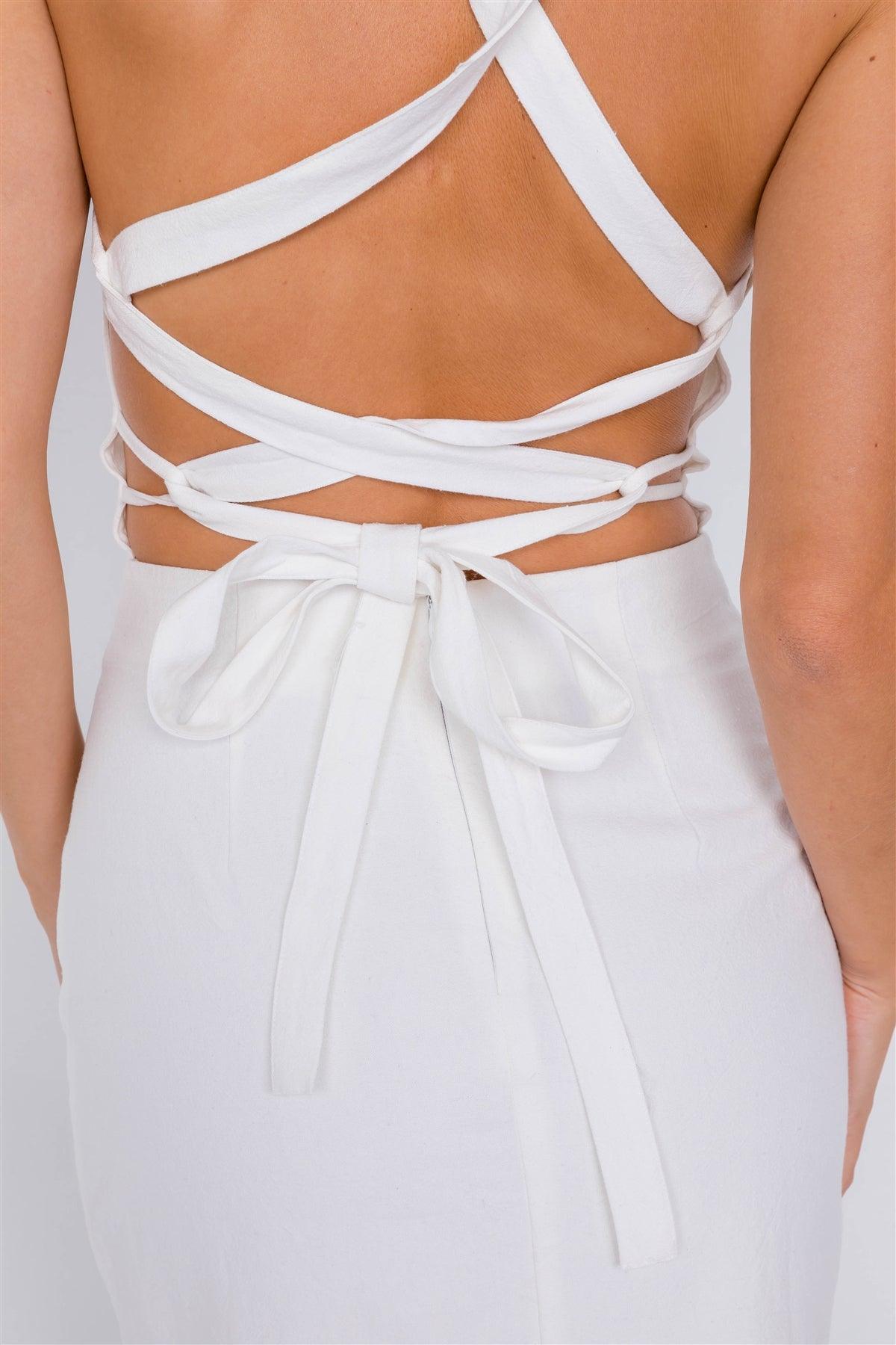 Off-White Linen Lace-Up Open Back Midi Slit Casual Chic Dress  /2-2-1