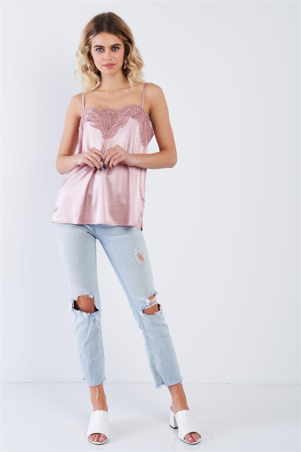 Dusty Rose Pink Satin Lace V-Neck Adjustable Cami Top  /3-2-1