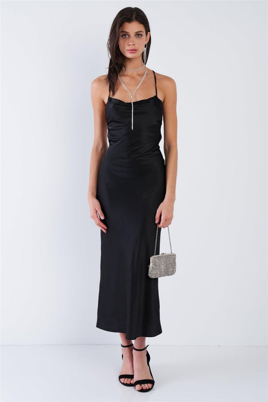 Black Satin Criss Cross Open Back Classic Midi Dress  /3-2-1