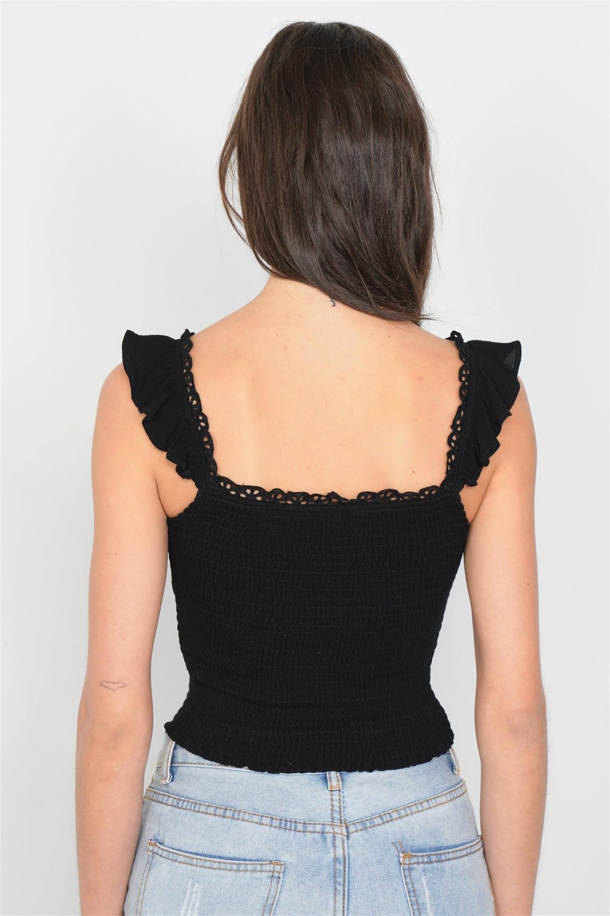 Black Embroidered Frill Trim V-Neck Chic Crop Top  /4-2-1