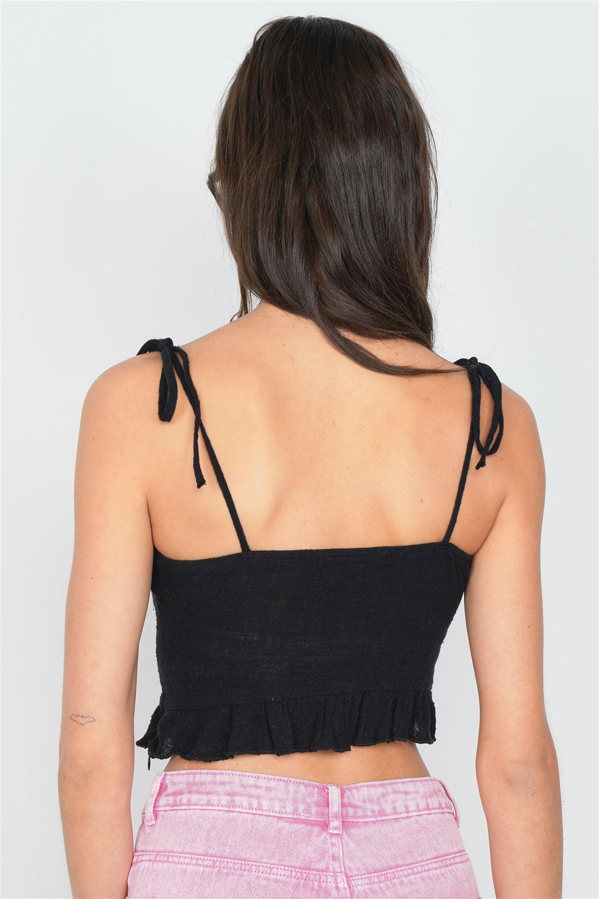 Black Cotton Self Tie Cami Strap Center Bow Cut Out Top /2-1-1