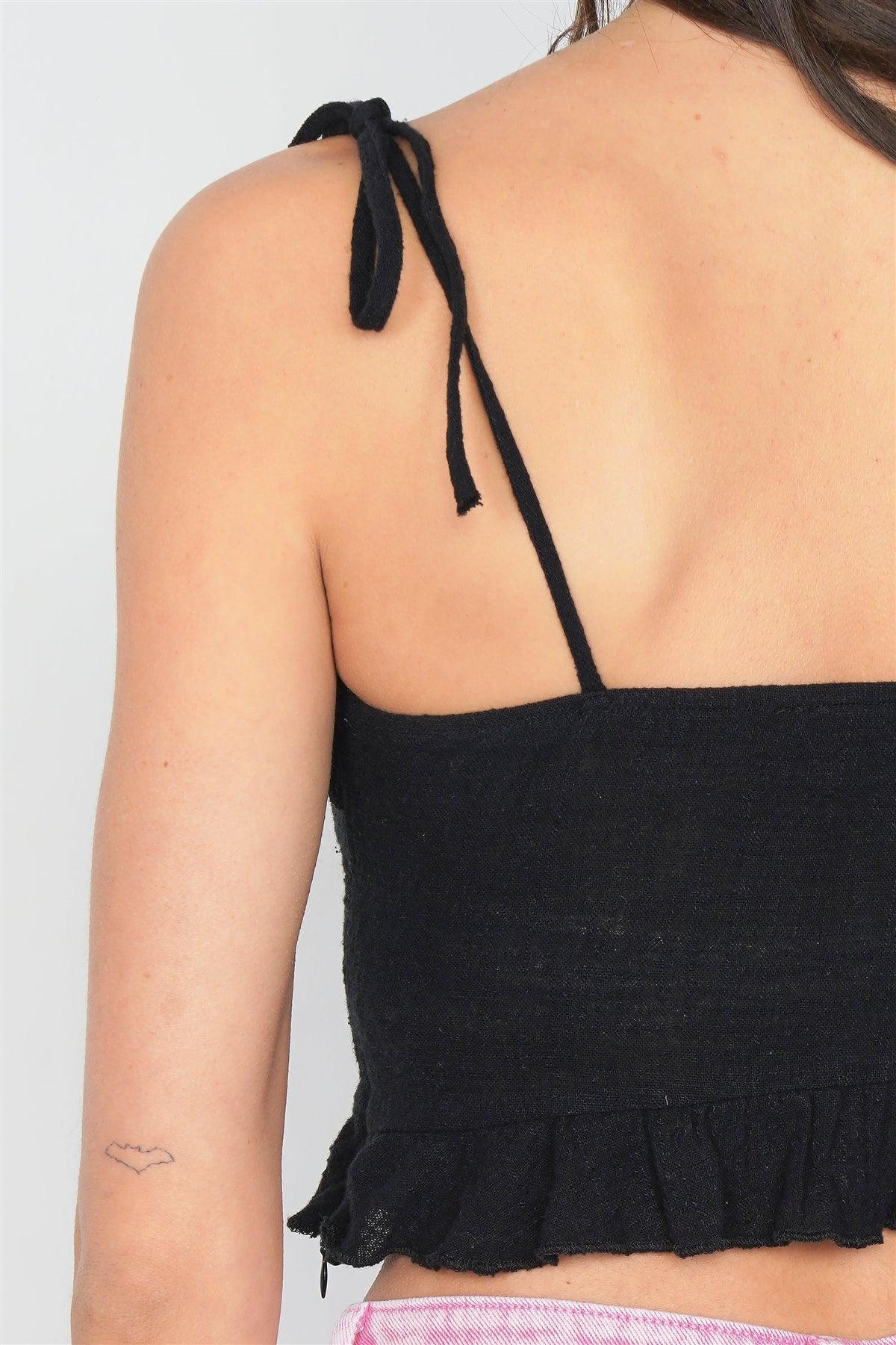 Black Cotton Self Tie Cami Strap Center Bow Cut Out Top /2-1-1