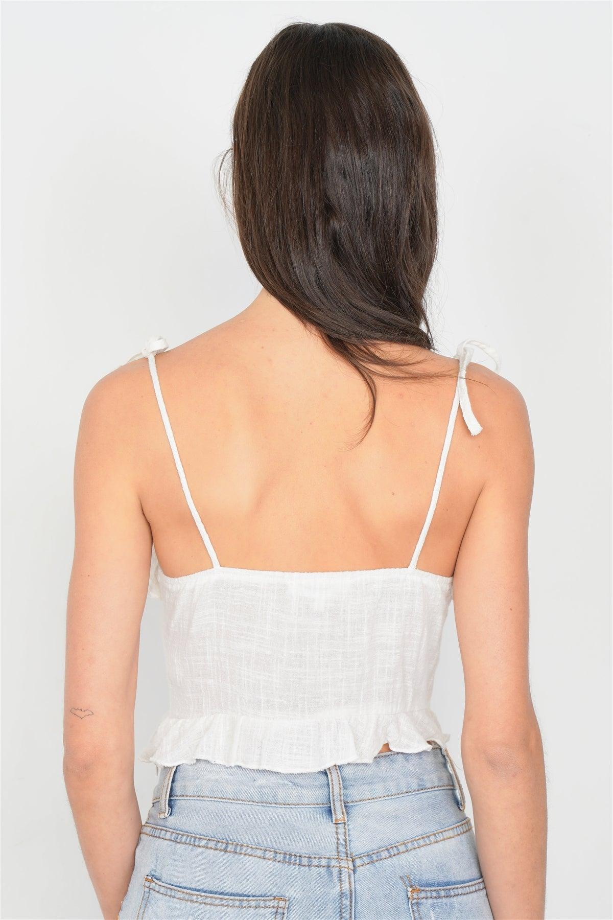 Off-White Cotton Self Tie Cami Strap Center Bow Cut Out Top  /2-1-1