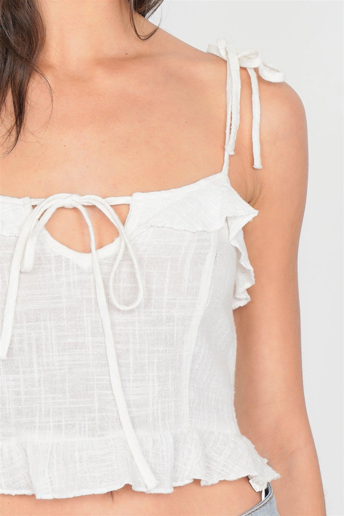 Off-White Cotton Self Tie Cami Strap Center Bow Cut Out Top  /2-1-1