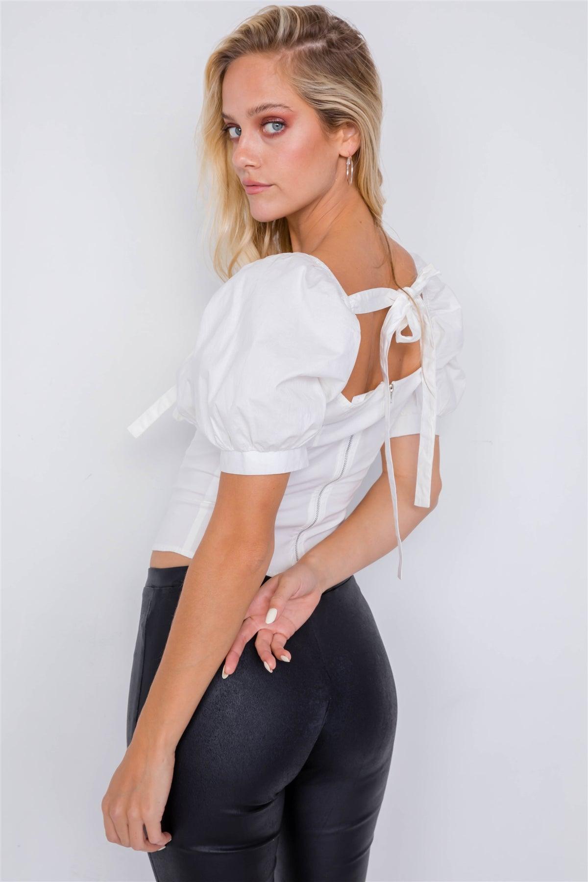 Off-White Sweetheart Neckline Puff Sleeve Open Bow Back Cotton Top /4-2-1