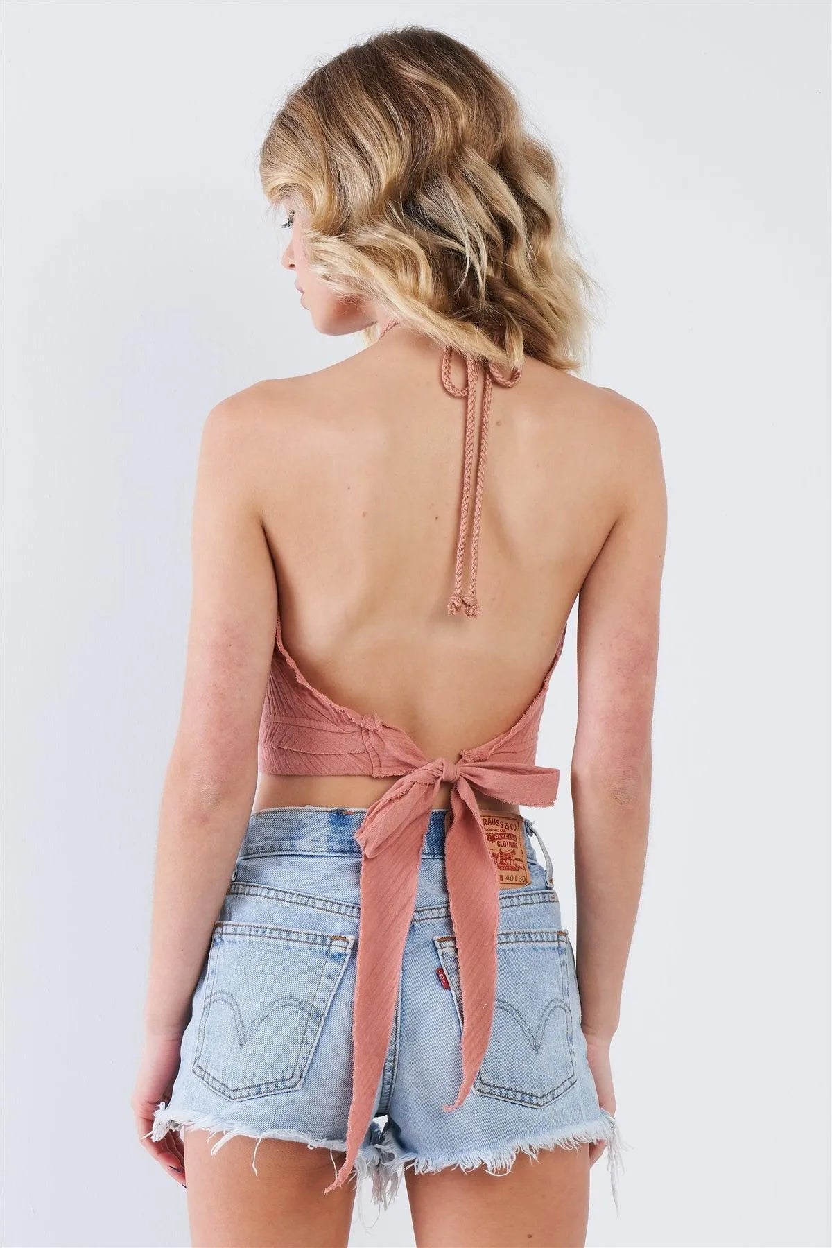 Wholesale Dark Rose Pink Boho Halter Open Back Crop Top 3 2 1