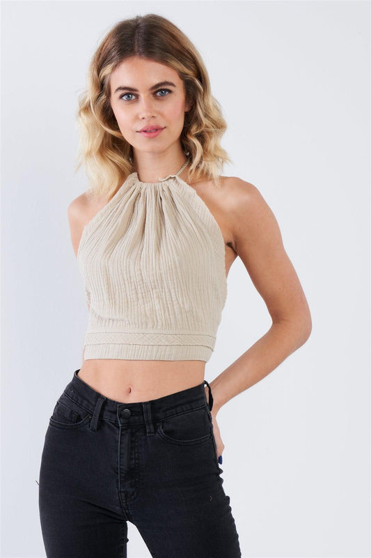 Oatmeal Boho Halter Open Back Crop Top  /3-2-1