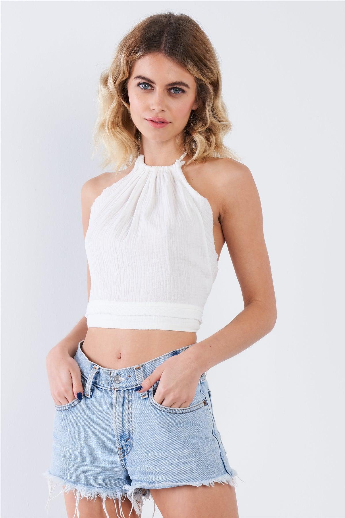 Off-White Boho Halter Open Back Crop Top  /3-2-1