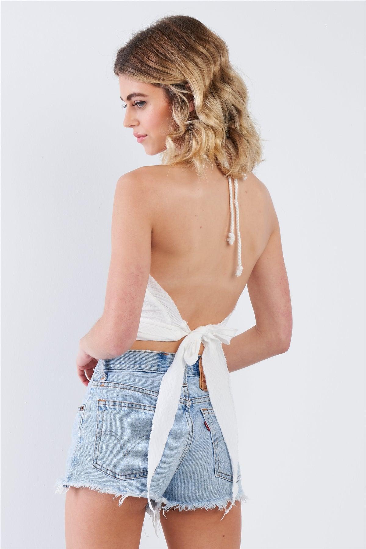 Off-White Boho Halter Open Back Crop Top  /3-2-1