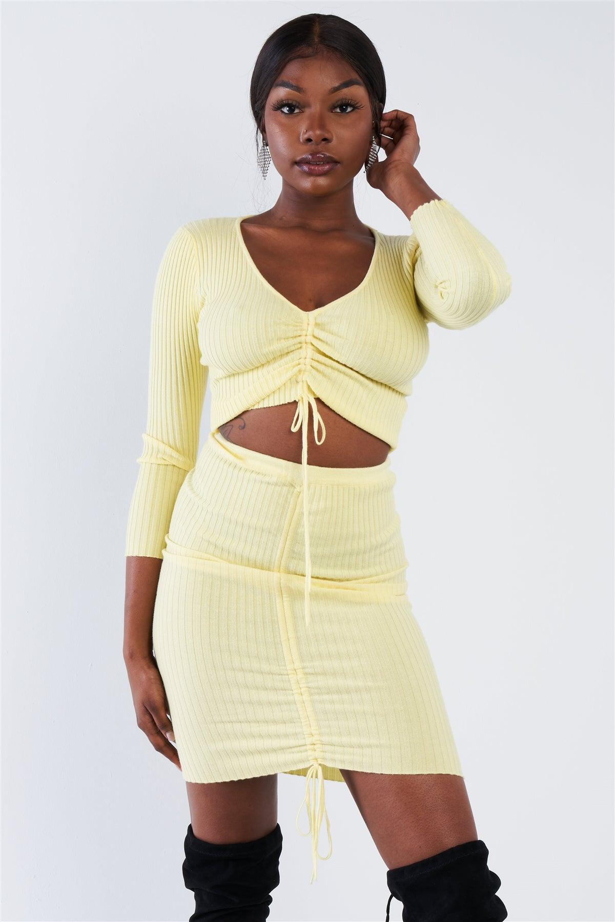 Yellow Ribbed Ruched Draw String Crop Top & Mini Skirt Bodycon Set /3-3