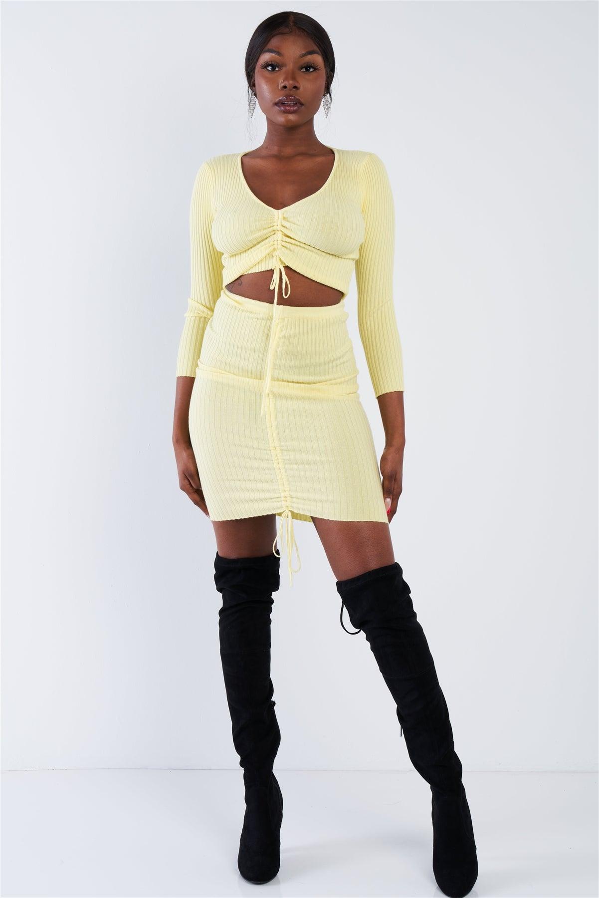 Yellow Ribbed Ruched Draw String Crop Top & Mini Skirt Bodycon Set /3-3