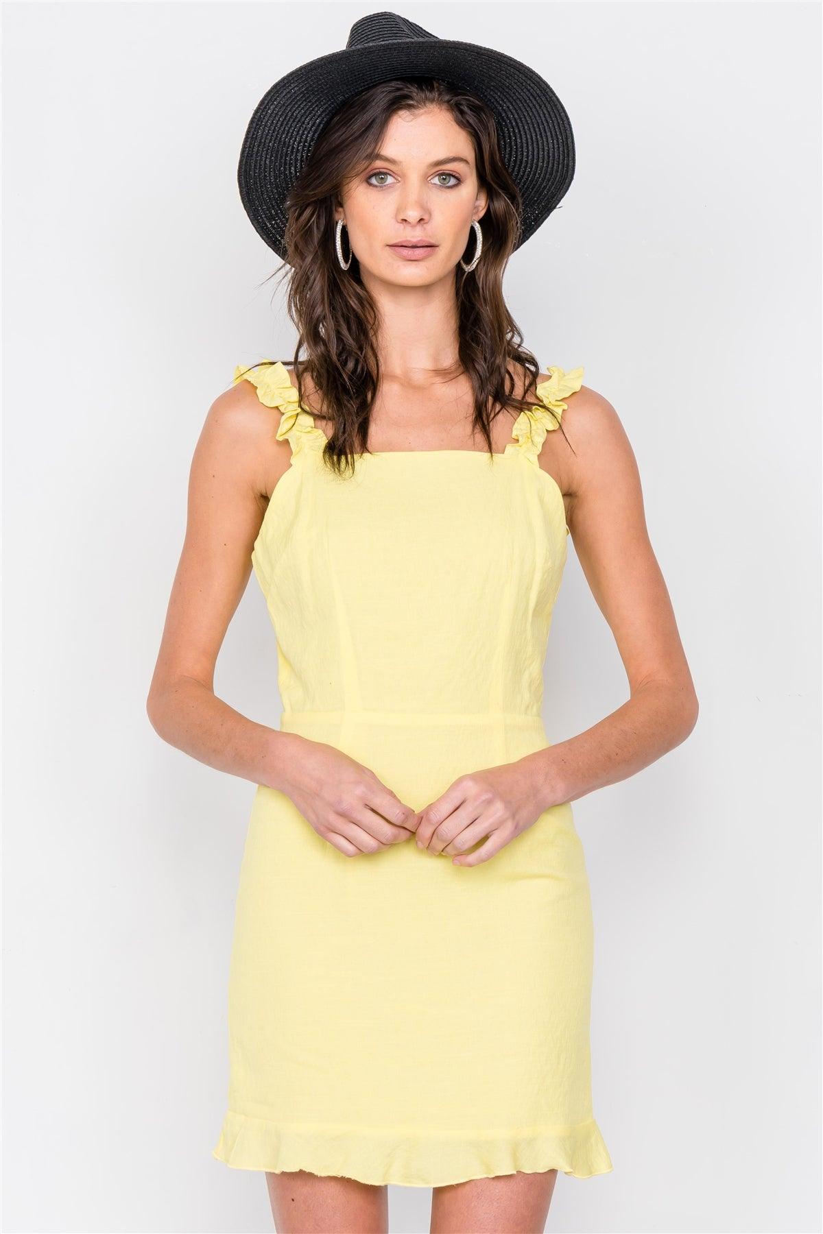 Lemon Yellow Vibrant Frill Trim Casual Summer Mini Dress /3-2-1