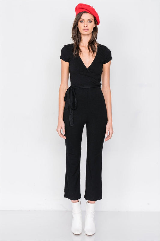 Black Ribbed Casual Maxi V-Neck Jumpsuit /3-2-1