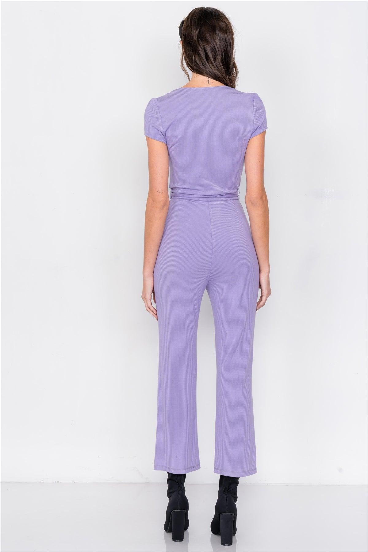 Lavender Purple Ribbed Casual Maxi V-Neck Jumpsuit /2-2-1