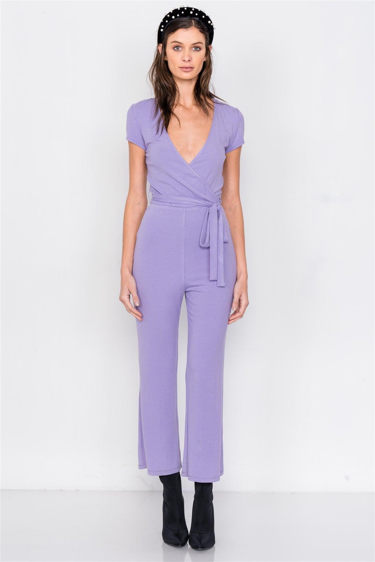 Lavender Purple Ribbed Casual Maxi V-Neck Jumpsuit /2-2-1