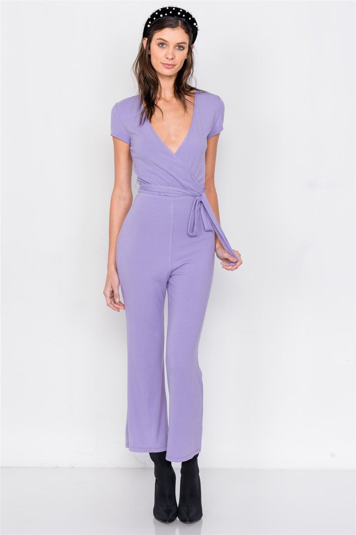 Lavender Purple Ribbed Casual Maxi V-Neck Jumpsuit /3-2-1