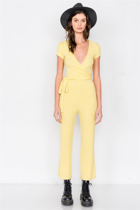 Lemon Yellow Ribbed Casual Maxi V-Neck Jumpsuit /2-2-1