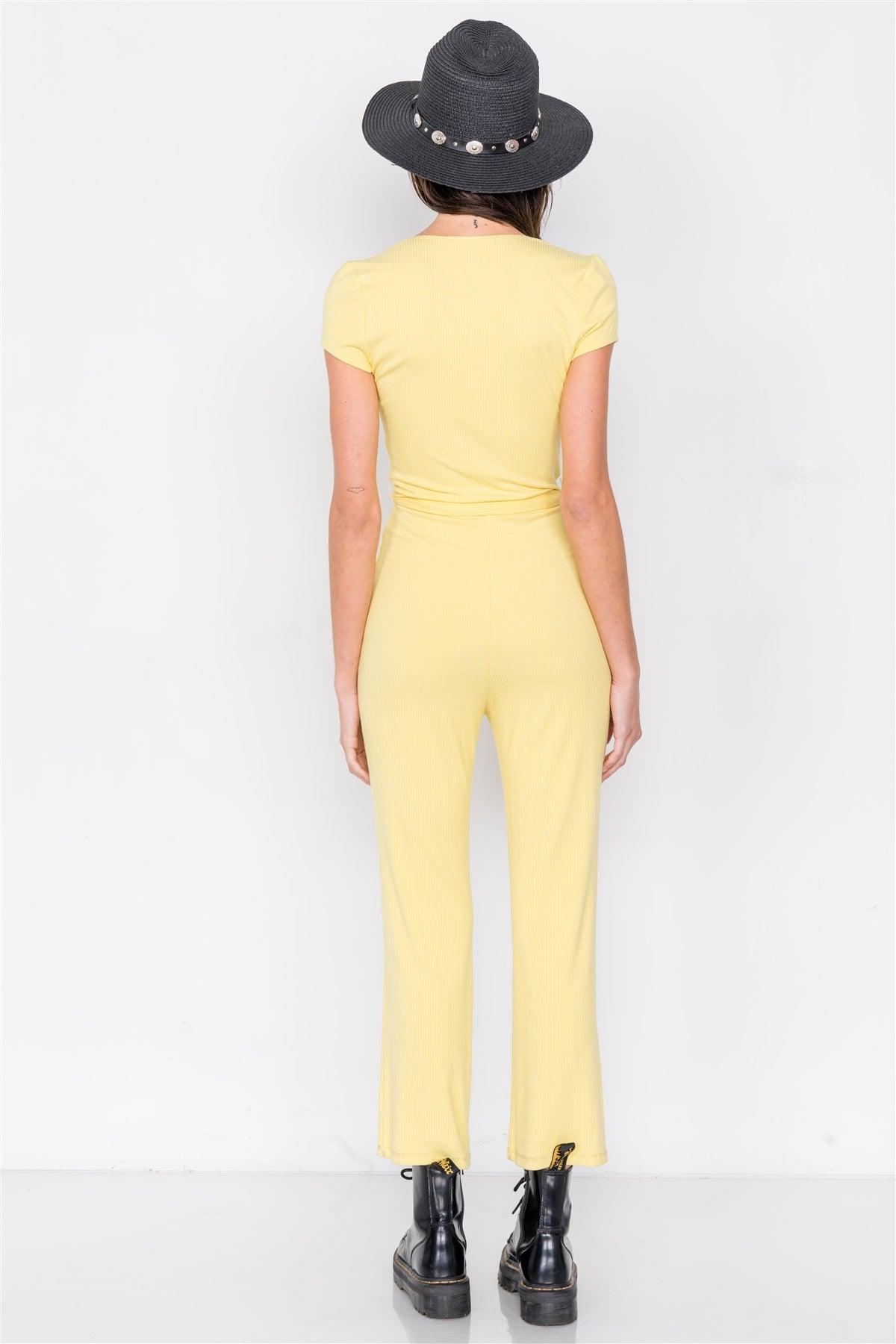 Lemon Yellow Ribbed Casual Maxi V-Neck Jumpsuit /2-2-1