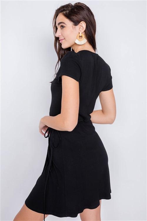 Black Cotton Ribbed V-Neck Casual Wrap Mini Dress /3-2-1