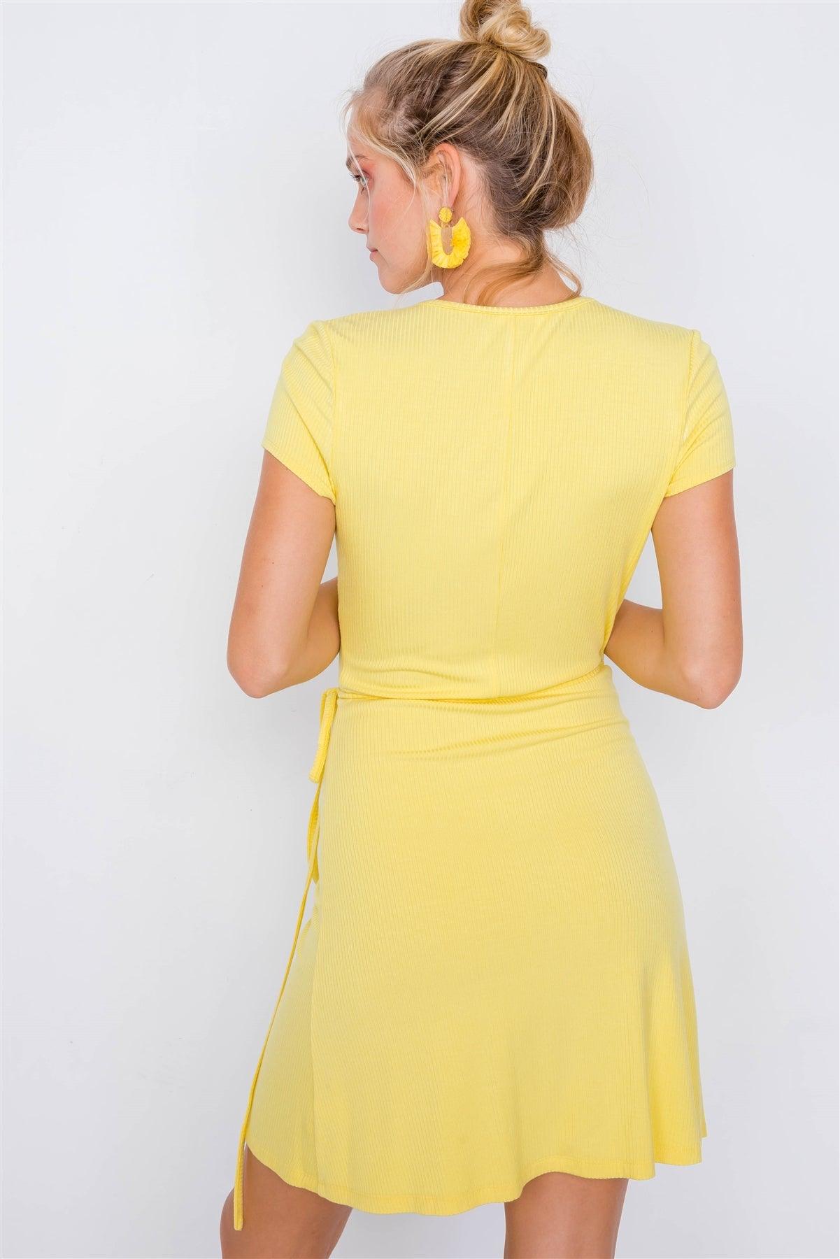 Yellow Cotton Ribbed V-Neck Casual Wrap Mini Dress /3-2-1