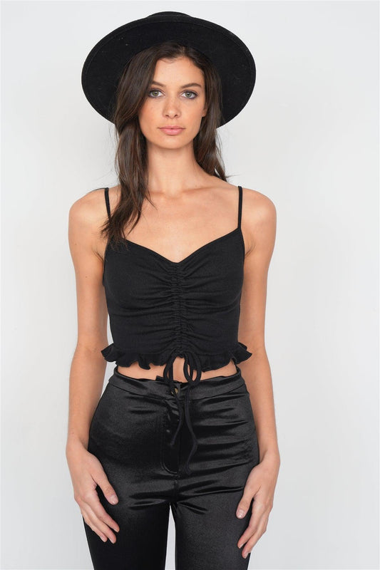 Black Ribbed Draw String V-Neck Flounce Hem Crop Top /3-2-1