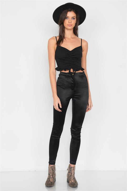 Black Ribbed Draw String V-Neck Flounce Hem Crop Top /4-2-1