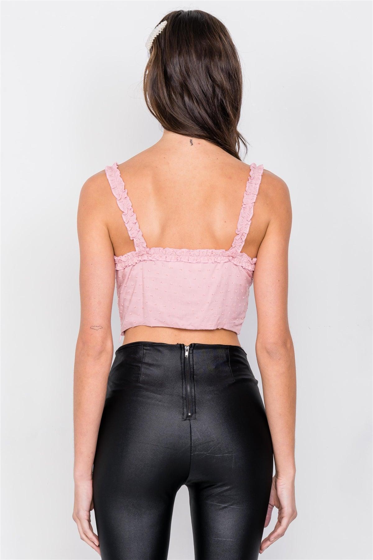 Dusty Rose Embroidered Knot Frill Trim Crop Tank Top /2-1-1