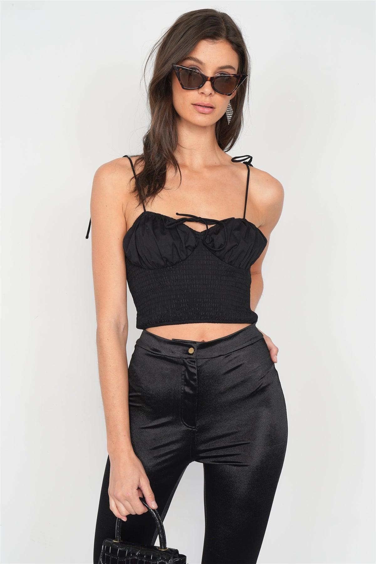 Black Ruched Bustier Elasticized Crop Top /4-2-1