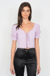 Lavender Eyelet V-Neck Lace Up Puff Sleeve Boho Crop Top /1-1-1