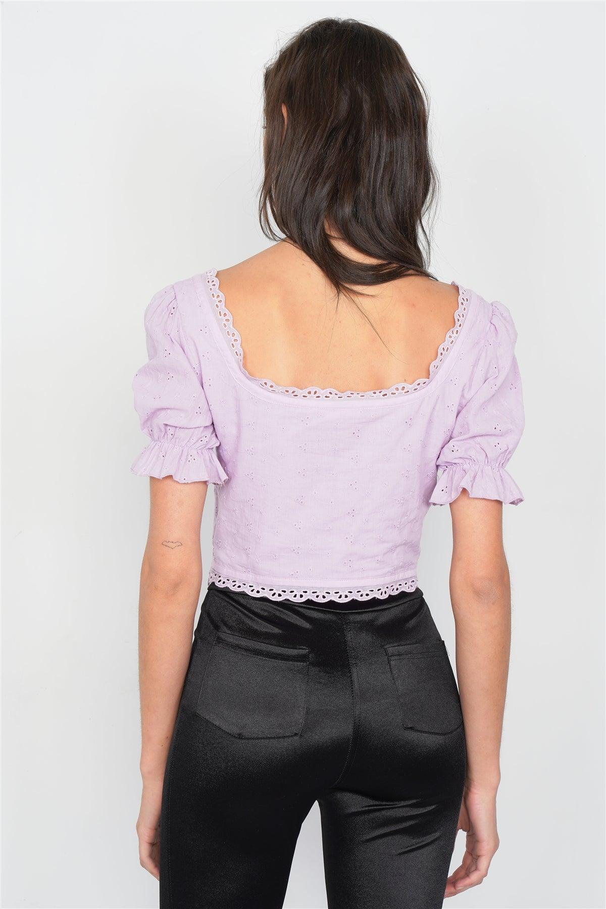 Lavender Eyelet V-Neck Lace Up Puff Sleeve Boho Crop Top /1-1-1