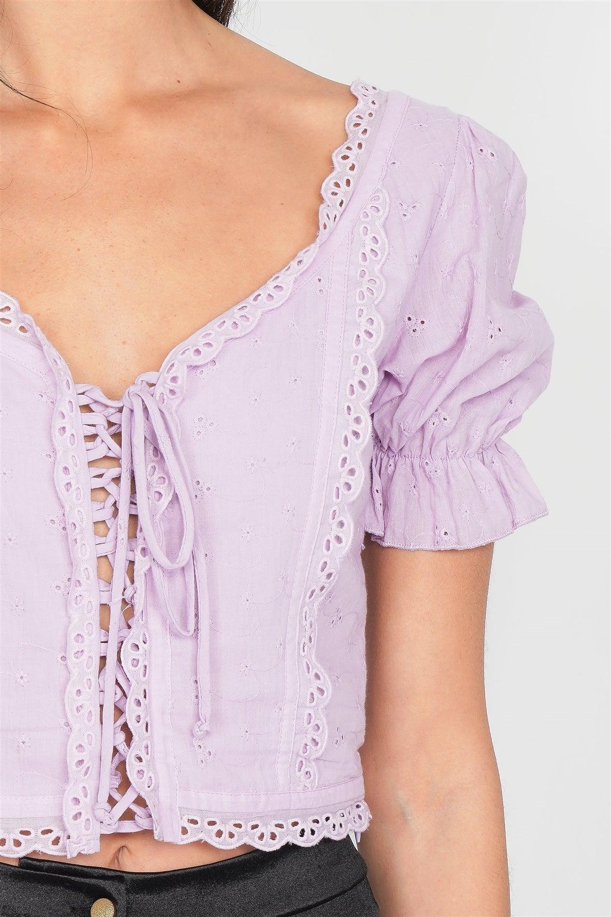 Lavender Eyelet V-Neck Lace Up Puff Sleeve Boho Crop Top /1-1-1