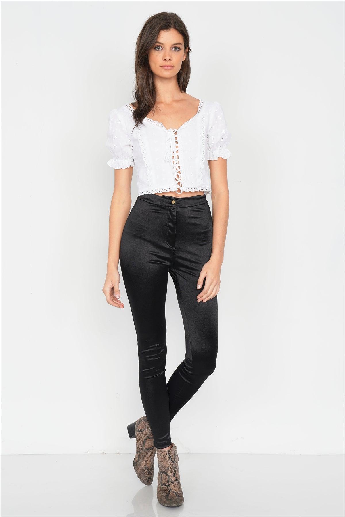 Off-White Eyelet V-Neck Lace Up Puff Sleeve Boho Crop Top /1-1-1