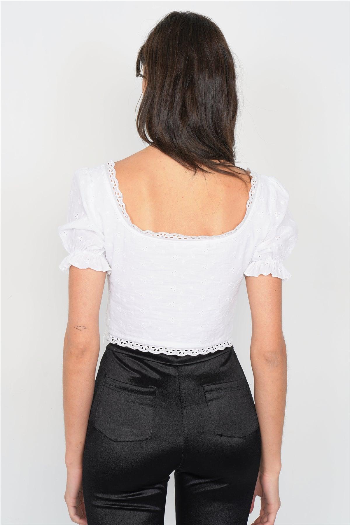 Off-White Eyelet V-Neck Lace Up Puff Sleeve Boho Crop Top /1-1-1