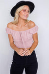 Dusty Rose Mixed Linen Smocked Off-The-Shoulder Crop Top /3-2-1