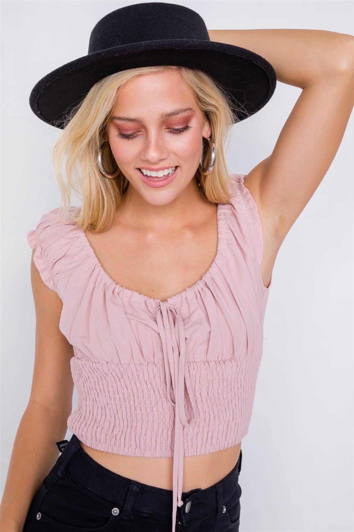 Dusty Rose Mixed Linen Smocked Off-The-Shoulder Crop Top /3-2-1