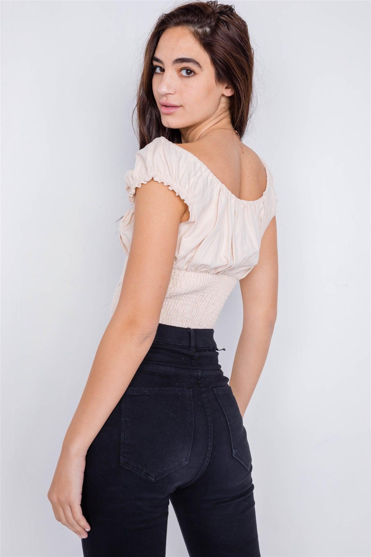 Vanilla Mixed Linen Smocked Off-The-Shoulder Crop Top /1-1-1