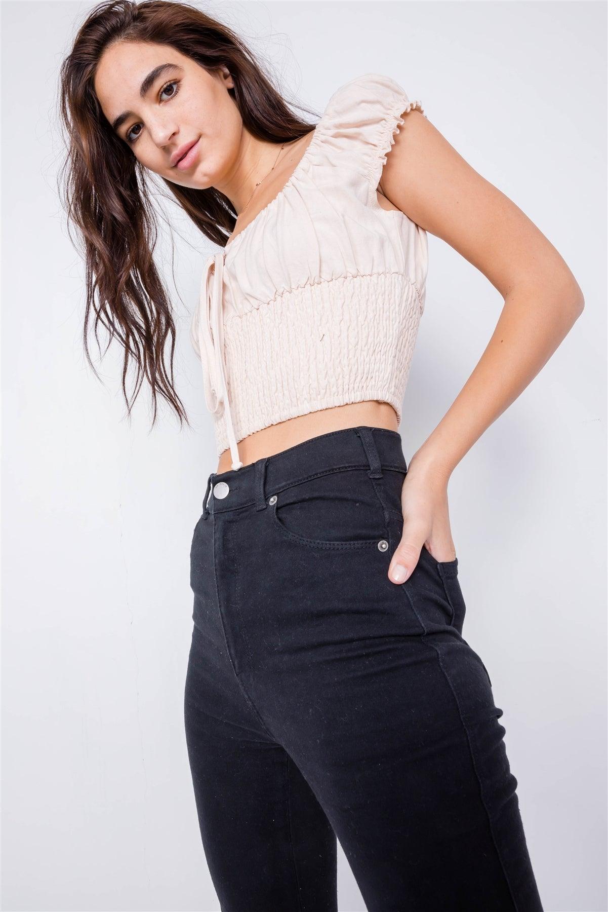 Vanilla Mixed Linen Smocked Off-The-Shoulder Crop Top /1-1-1