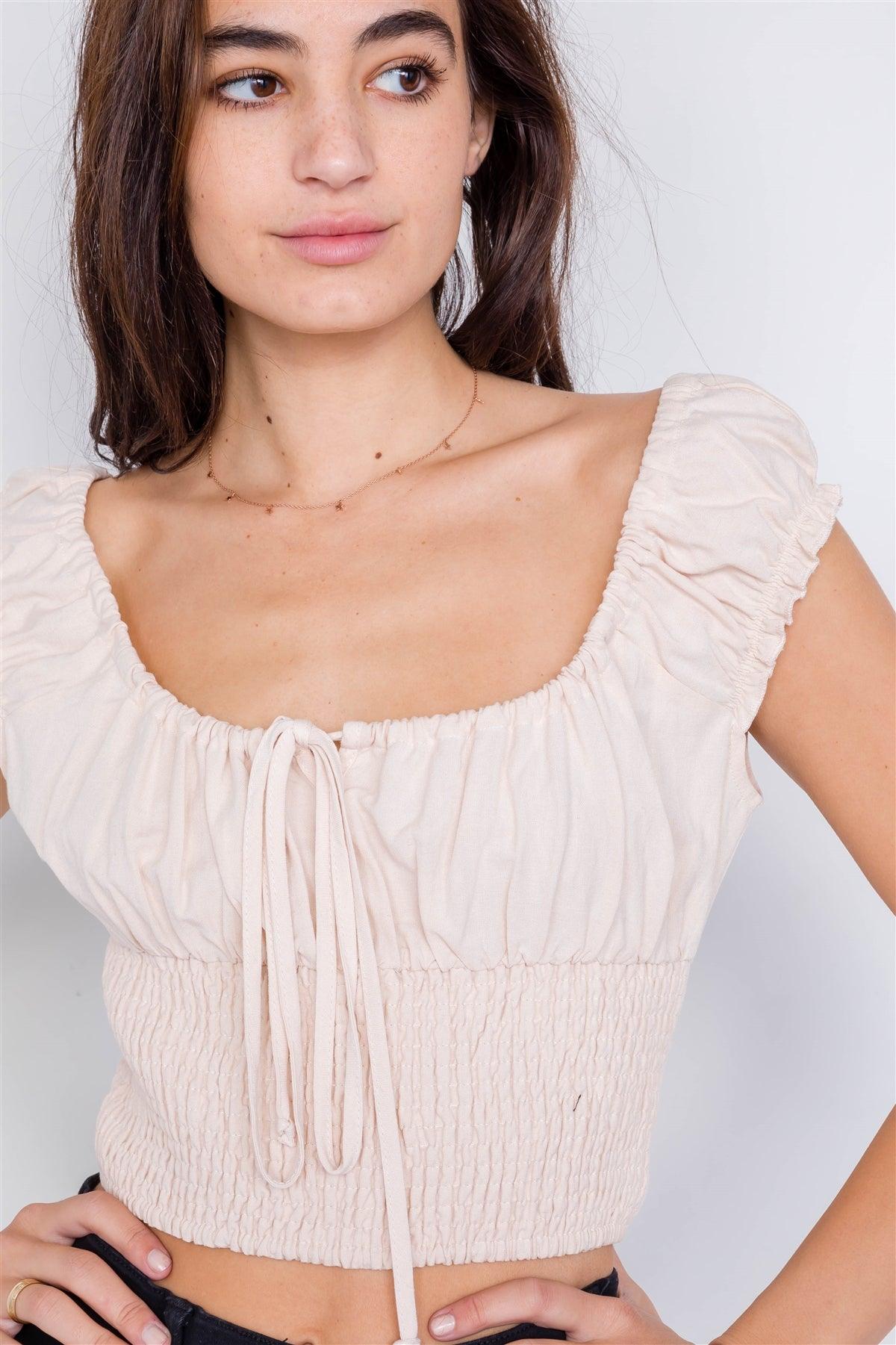 Vanilla Mixed Linen Smocked Off-The-Shoulder Crop Top /1-1-1