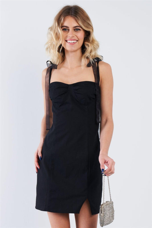 Black Sheer Self Tie Straps Sweetheart Neckline Bodycon Mini Dress