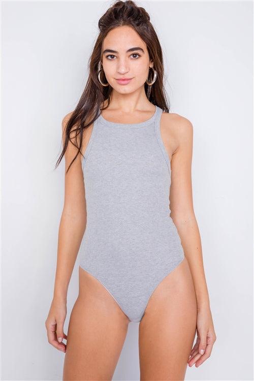 Heather Grey Ribbed Solid Casual Cotton Bodysuit   /3-2-1