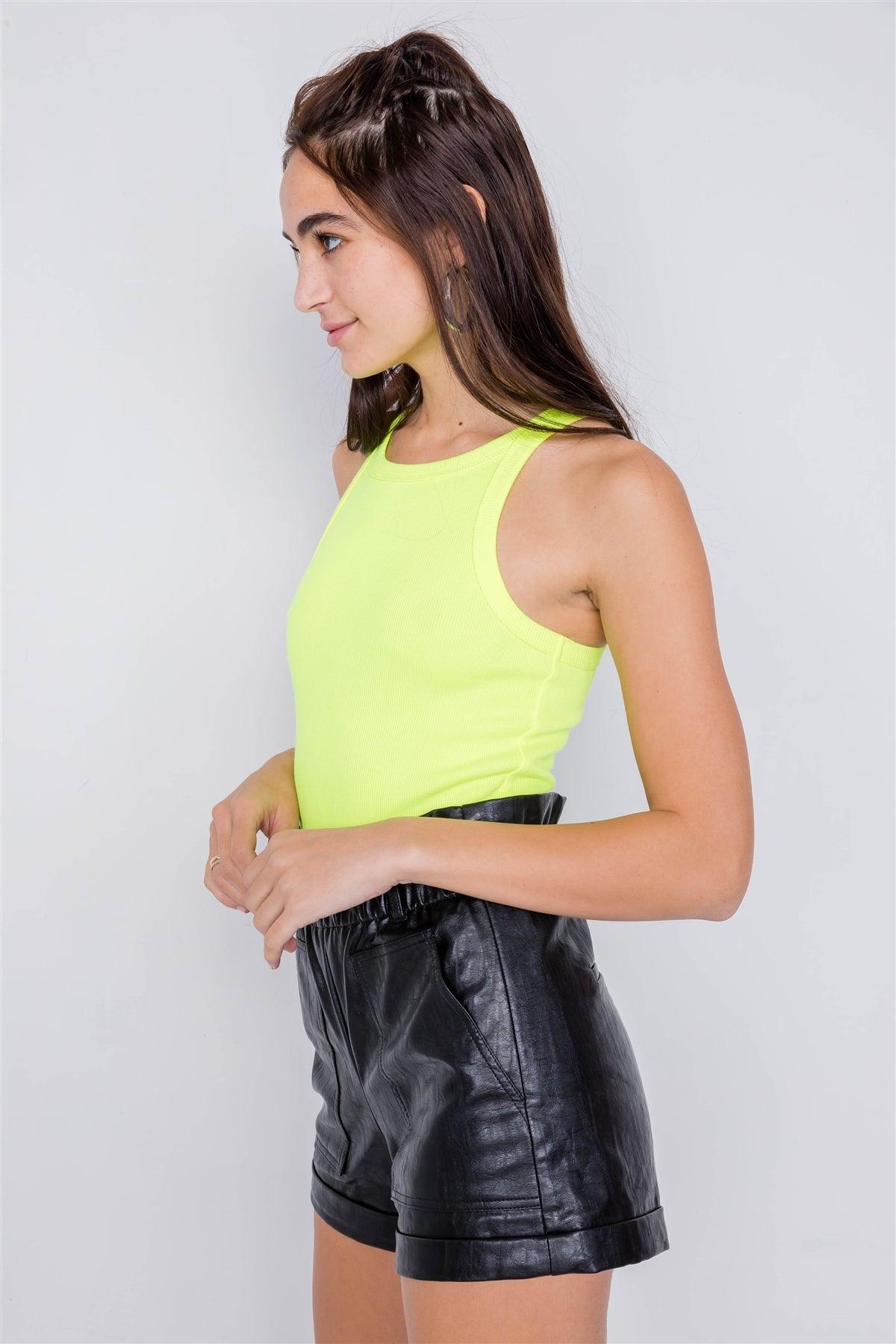 Neon Yellow Ribbed Solid Casual Cotton Bodysuit /3-2-1