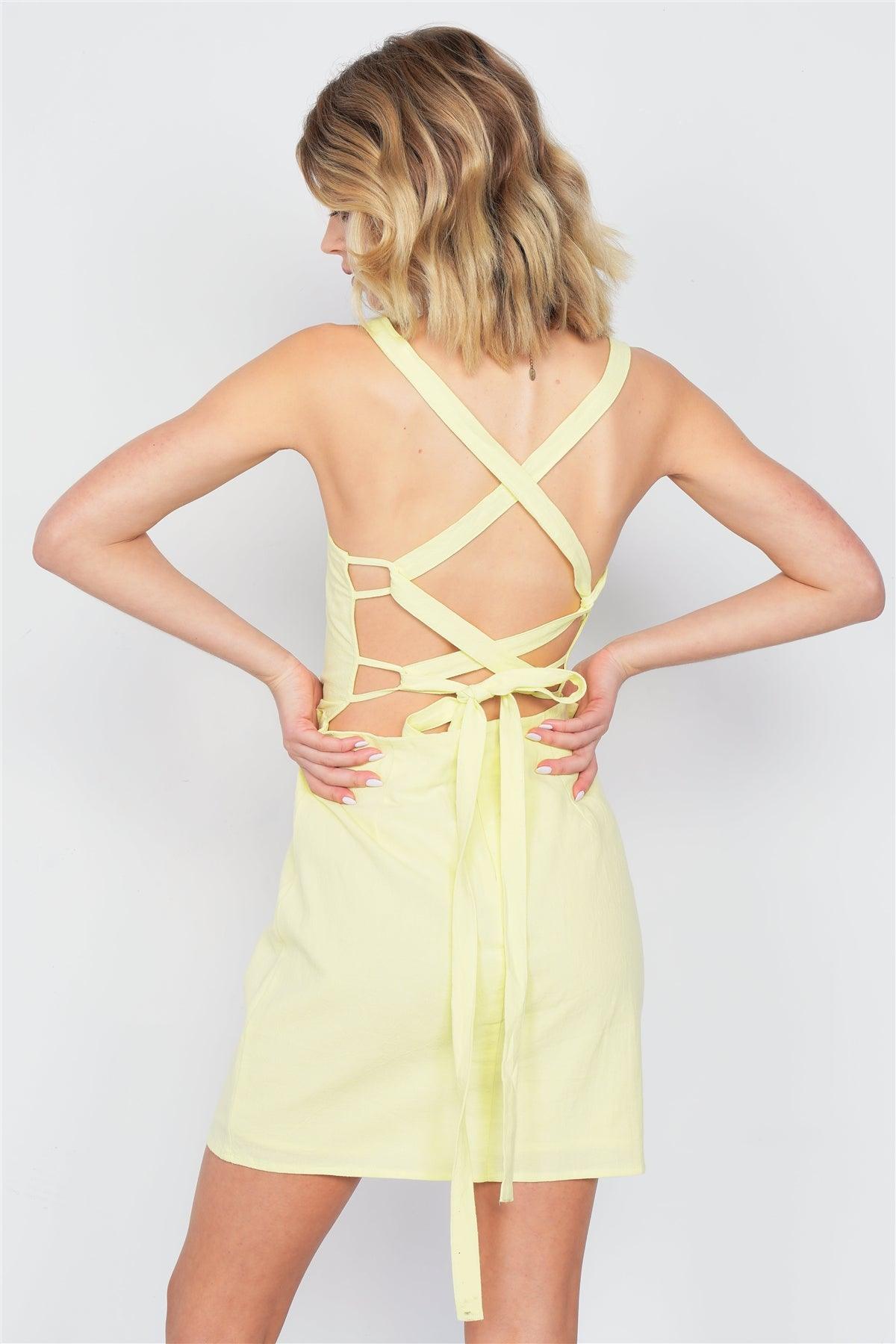 Lemonade Yellow Open Back Lace Up Mini Chic Dress  /3-2