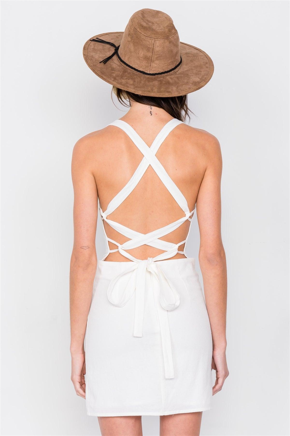 Off-White Open Back Lace Up Mini Chic Dress  /3-2-1