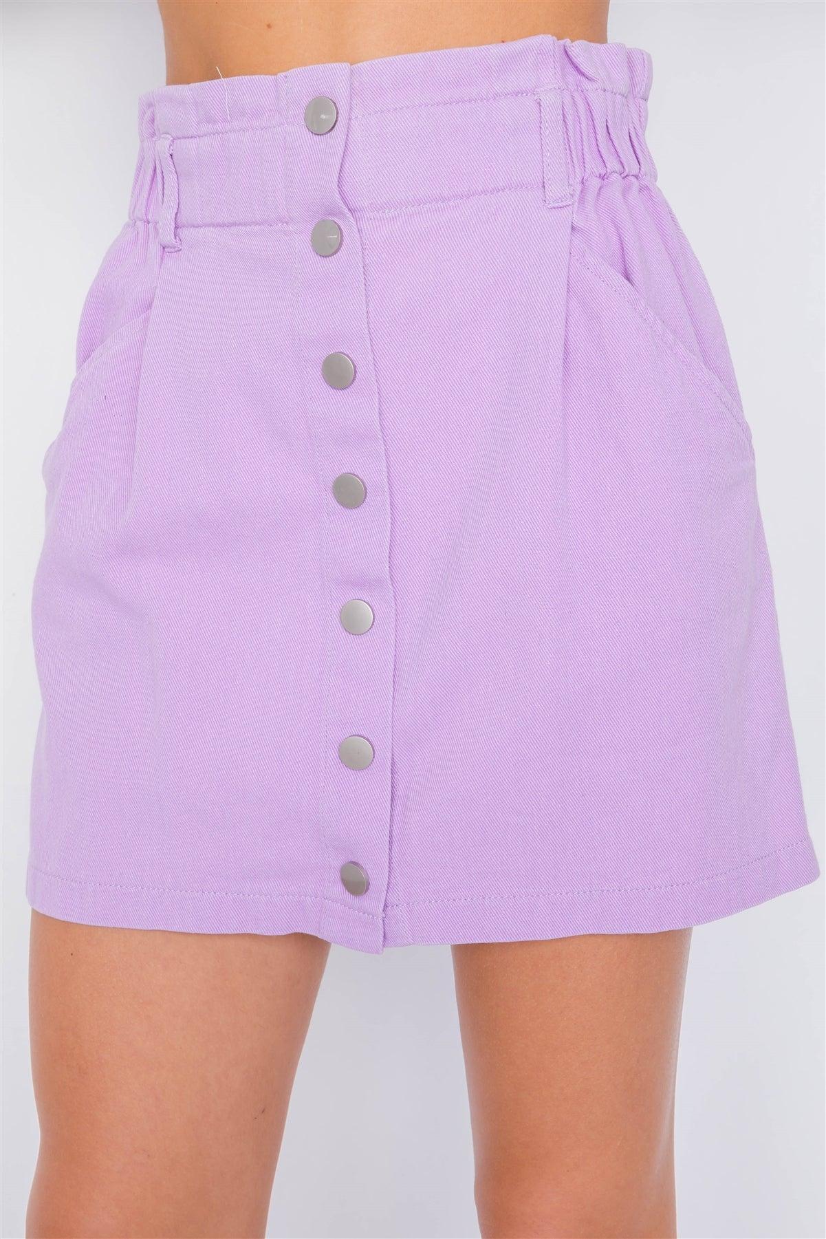 Lavender Cotton Front Button Ruffle Trim High Waist Mini Skirt   /4-2-1