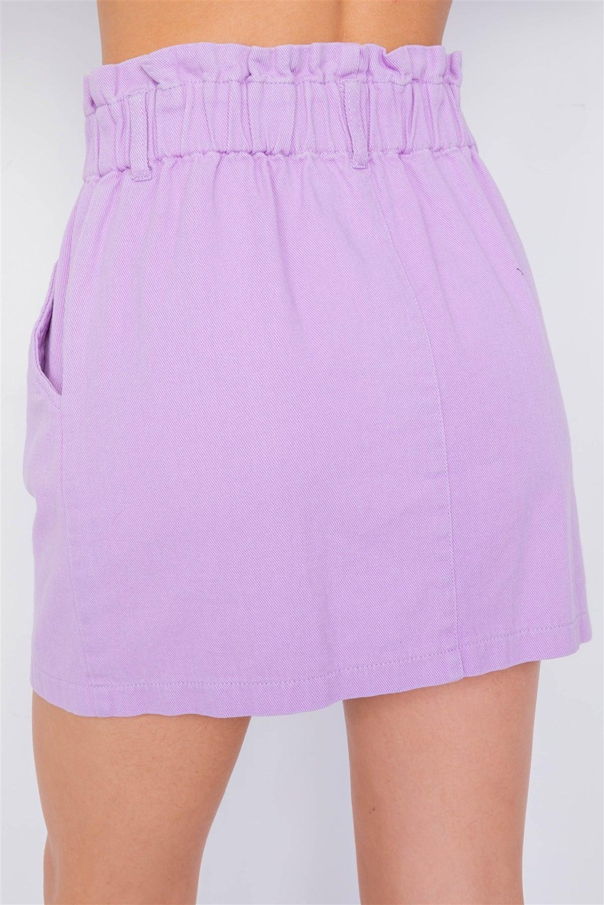 Lavender Cotton Front Button Ruffle Trim High Waist Mini Skirt   /4-2-1