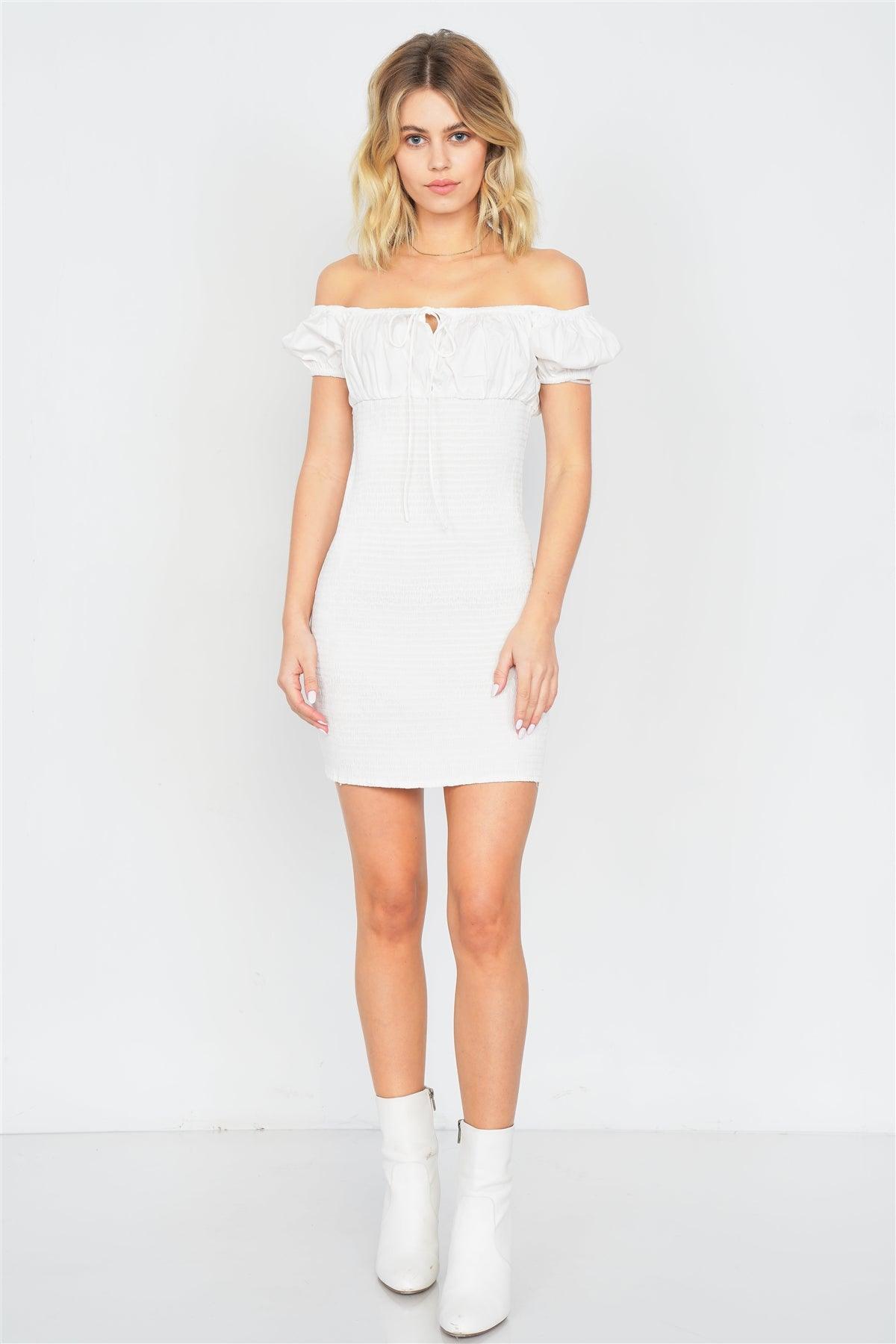 Off-White Square Neck Ruched Center Keyhole Mini Dress /3-2-1