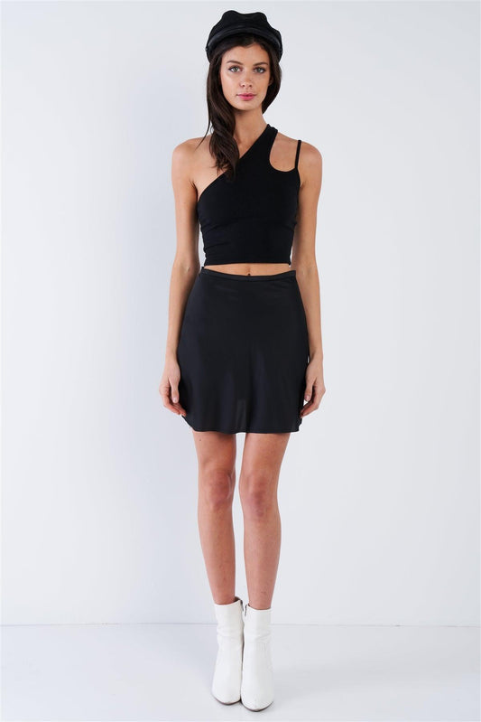 Black Silk Flare Raw Hem Solid Mini Skirt  /3-2-1